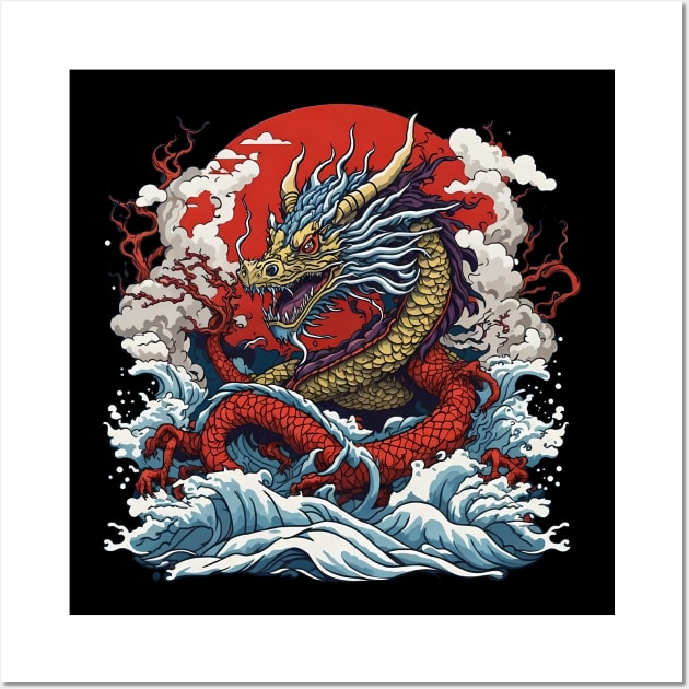 Dragon against the backdrop of a setting sun bathed in ocean waves Wall Art by T-Shirt Paradise